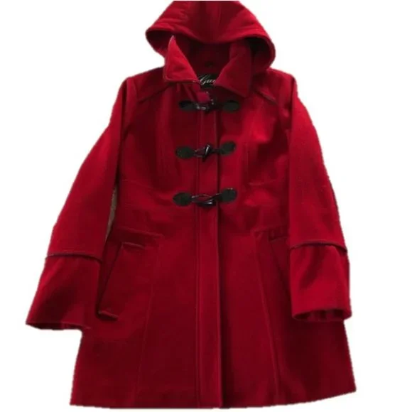 GUESS L NEW RED TOGGLE WOOL BLEND PEACOAT NWOT women's holiday Christmas cold - Picture 1 of 12